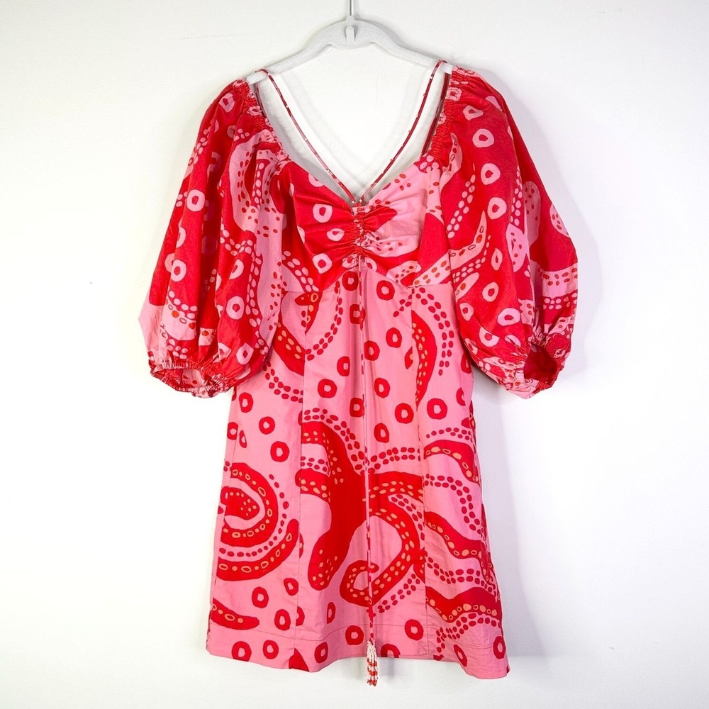 FarmRio Dress Women XS Pink Octocool Mini Batik Puff Slv Cotton Resort